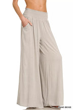 Sand beige smocked waist wide-leg lounge pants with side pockets
