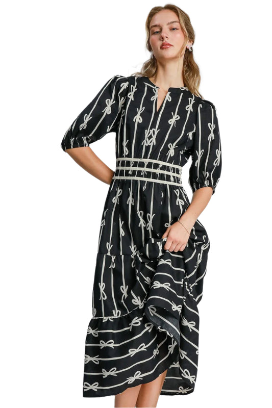 Umgee Bow Tie Print Notched Contrast Velvet Trim Midi Dress