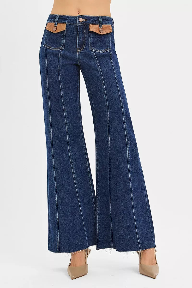 High-rise wide flare jeans with front leather pocket detail, blue denim, button closure