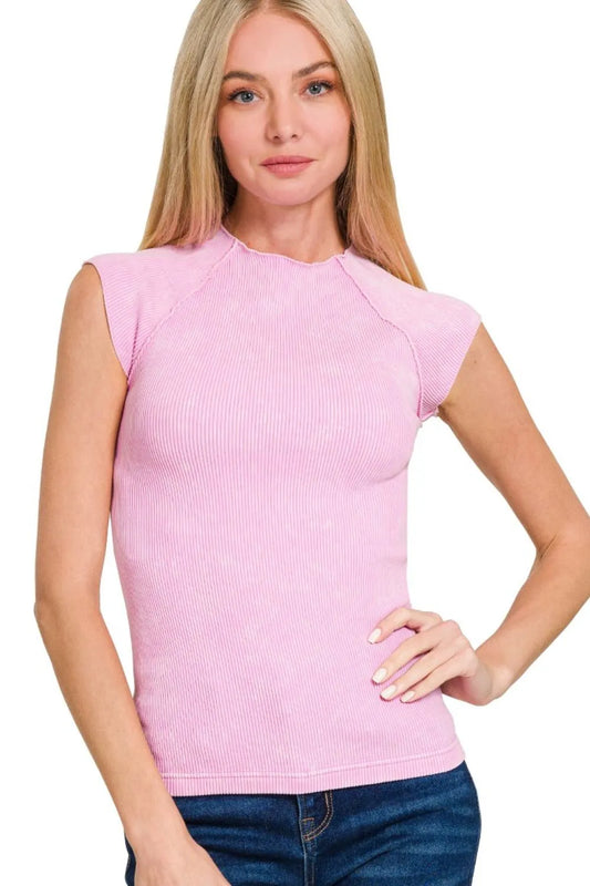 Mauve Acid Wash Ribbed Top – Sleeveless, Stretch & Flattering