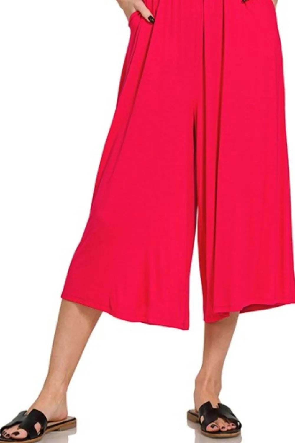 Vibrant Red Strapless Culotte Jumpsuit Ruched Bodice & Pockets