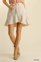 Linen Blend High-Low Skirt – 5 Pockets & Frayed Hem for Casual Chic