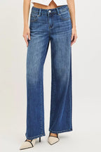 Women’s slouchy baggy jeans, dark blue denim, relaxed straight leg with belt loops