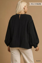 Linen Long Sleeve Top with Drawstring Detail Plus Women’s Versatile Shirt