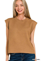 Women’s deep camel round-neck viscose sweater vest, sleeveless