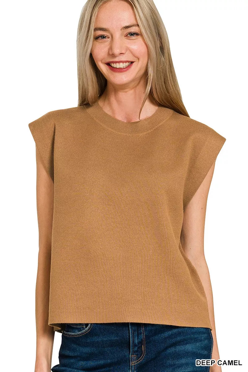 Women’s deep camel round-neck viscose sweater vest, sleeveless