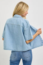 Light blue denim oversized cropped half-sleeve shirt, back view