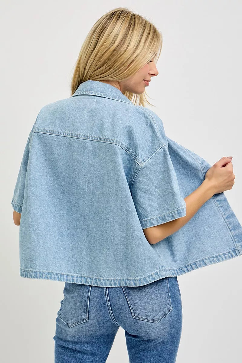 Light blue denim oversized cropped half-sleeve shirt, back view