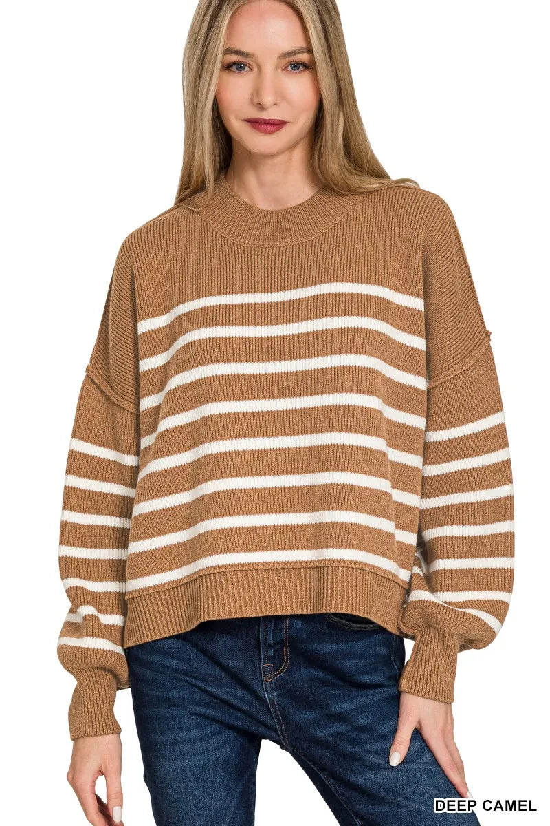 Camel & White Striped Oversized Sweater – Soft Knit, Casual Fit