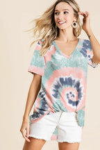 Tie-Dye Terry V-Neck Short Sleeve Top Trendy Women’s Casual Summer Shirt