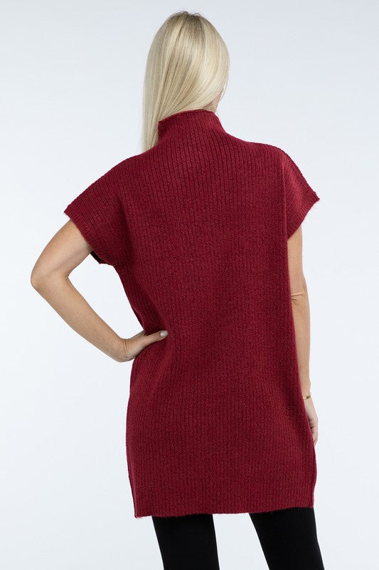 Zenana Mock Neck Short Sleeve Sweater Dress with Pocket