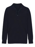 Navy zip-neck quarter-zip sweatshirt with long sleeves and standing collar
