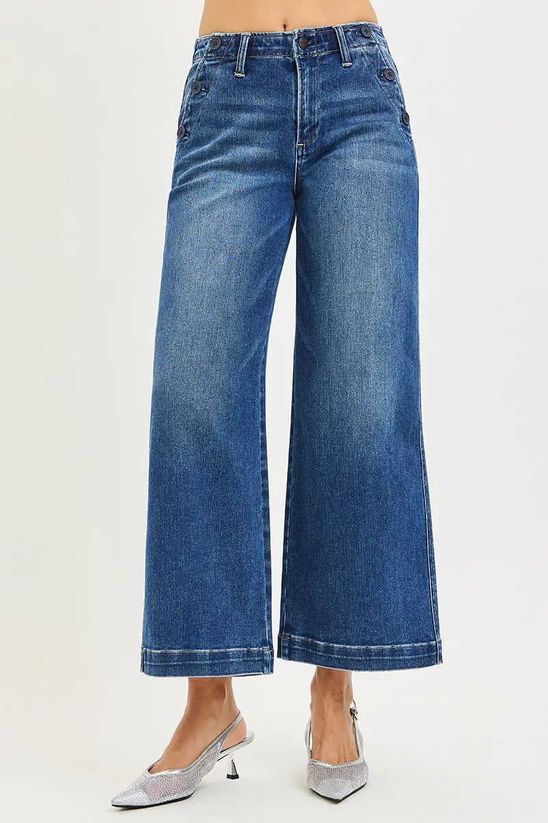 High-rise wide-leg blue denim jeans with wide cropped hems