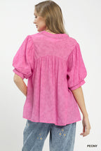 Pink crinkle boho blouse with gathered back yoke and short puff sleeves