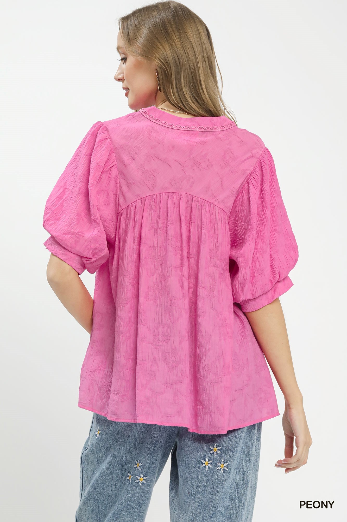Pink crinkle boho blouse with gathered back yoke and short puff sleeves