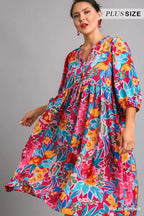 Floral Print Tie Neck Midi Dress with Pockets – Elegant & Chic
