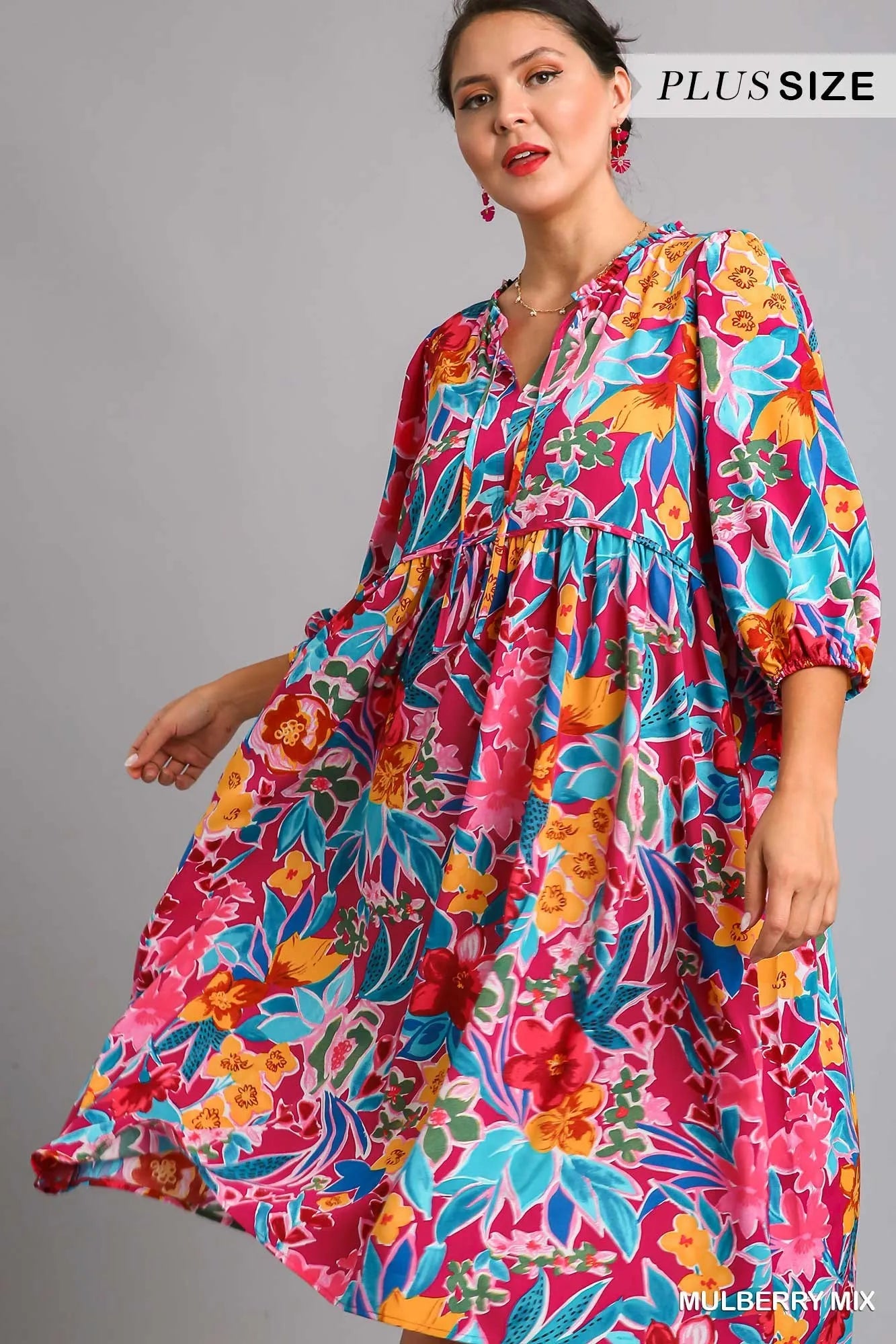 Floral Print Tie Neck Midi Dress with Pockets – Elegant & Chic