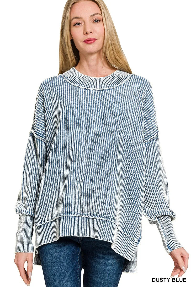 Dusty Blue Oversized Ribbed Knit Pullover – Chic Everyday Sweater