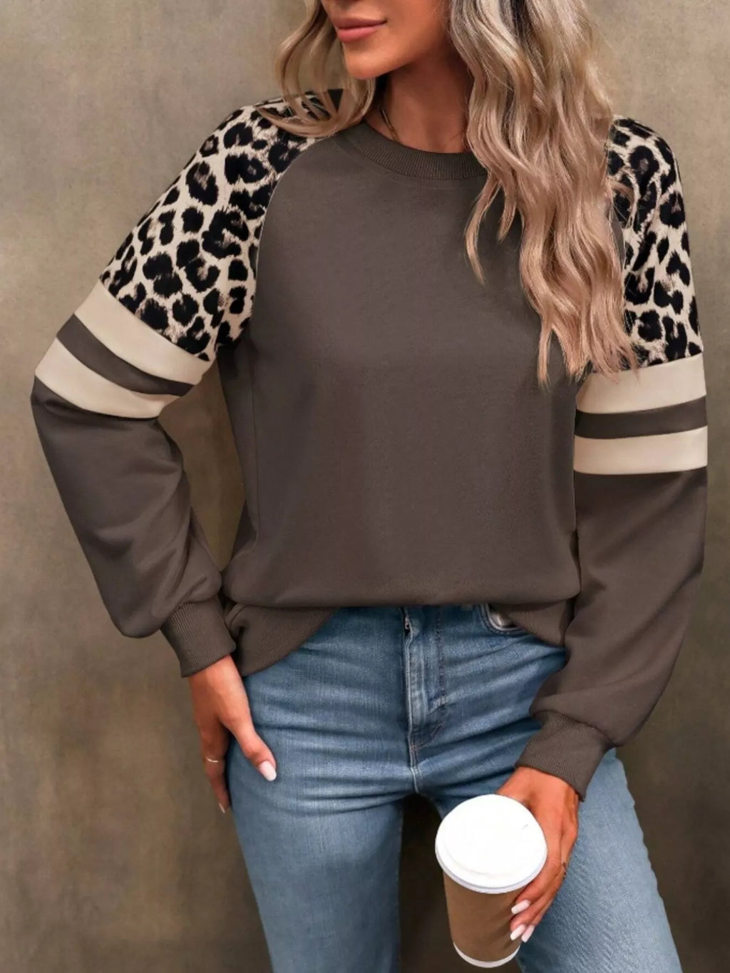 Leopard Round Neck Raglan Sleeve Sweatshirt – Trendy Casual Style