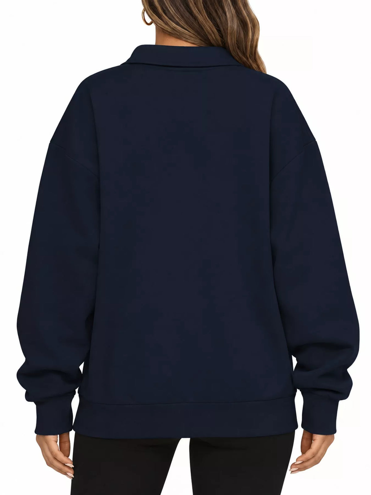 Navy oversized zip-neck sweatshirt, back view with ribbed cuffs and hem