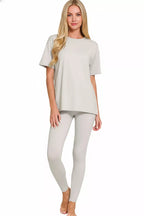 Light cement loungewear set: crewneck short-sleeve top with fitted leggings