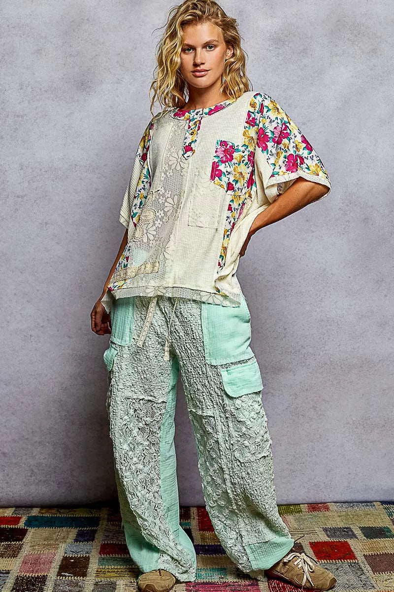 POL Lace Floral Patch Top – Chic Round Neck Short Sleeve Boho Style