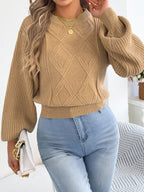 Khaki argyle lantern-sleeve sweater with diamond pattern and ribbed hem