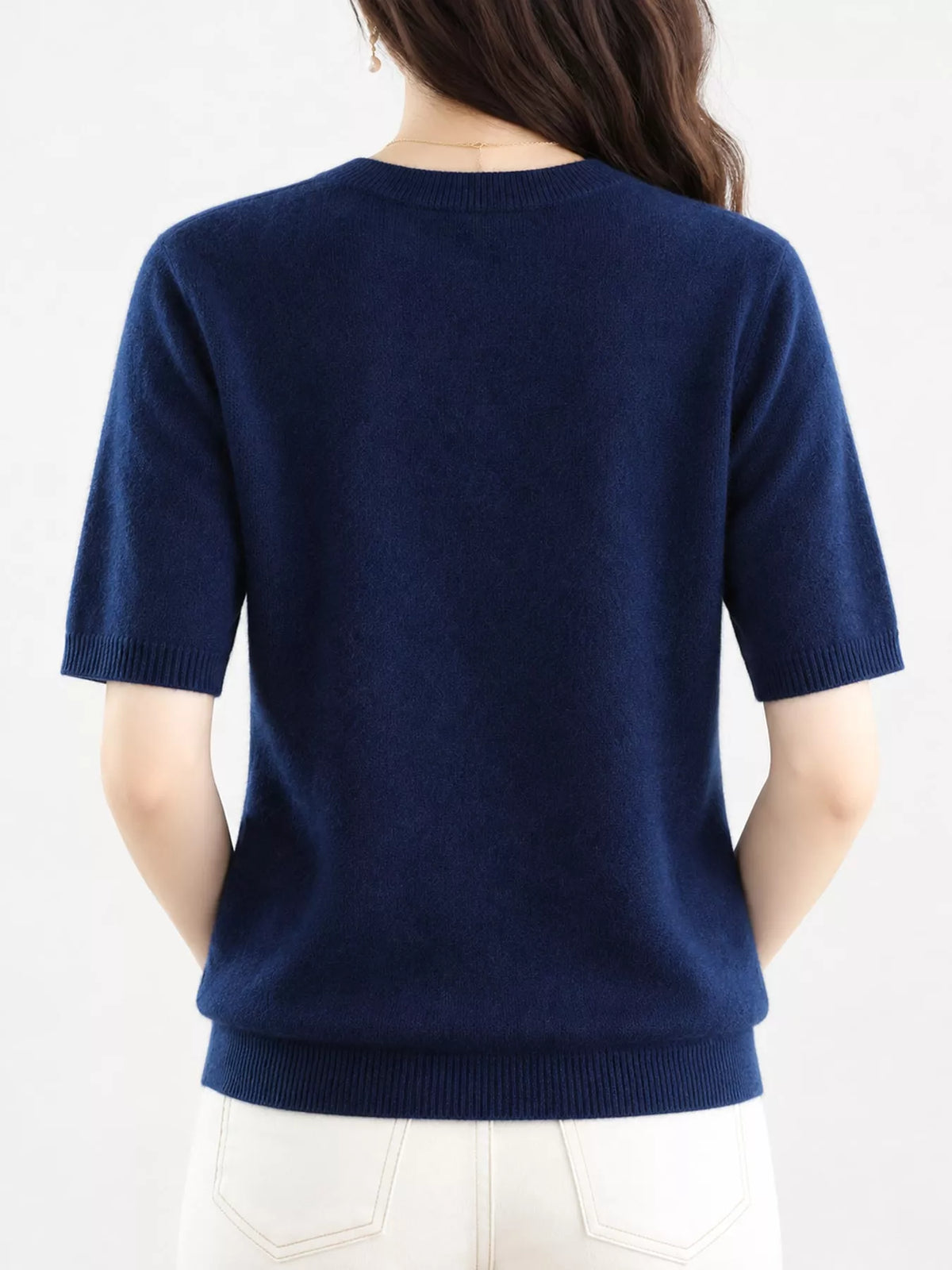 Navy round-neck short-sleeve sweater with ribbed hem and sleeve cuffs