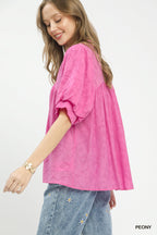 Pink lace-trim crinkle boho blouse with short puff sleeves, loose fit