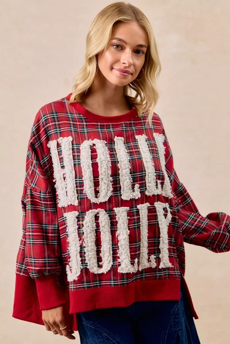 Holly Jolly Christmas Plaid Oversized Sweatshirt – Festive Holiday Top