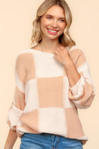 Haptics Checkered Round Neck Drop Shoulder Sweater