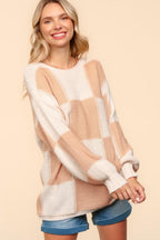 Haptics Checkered Round Neck Drop Shoulder Sweater