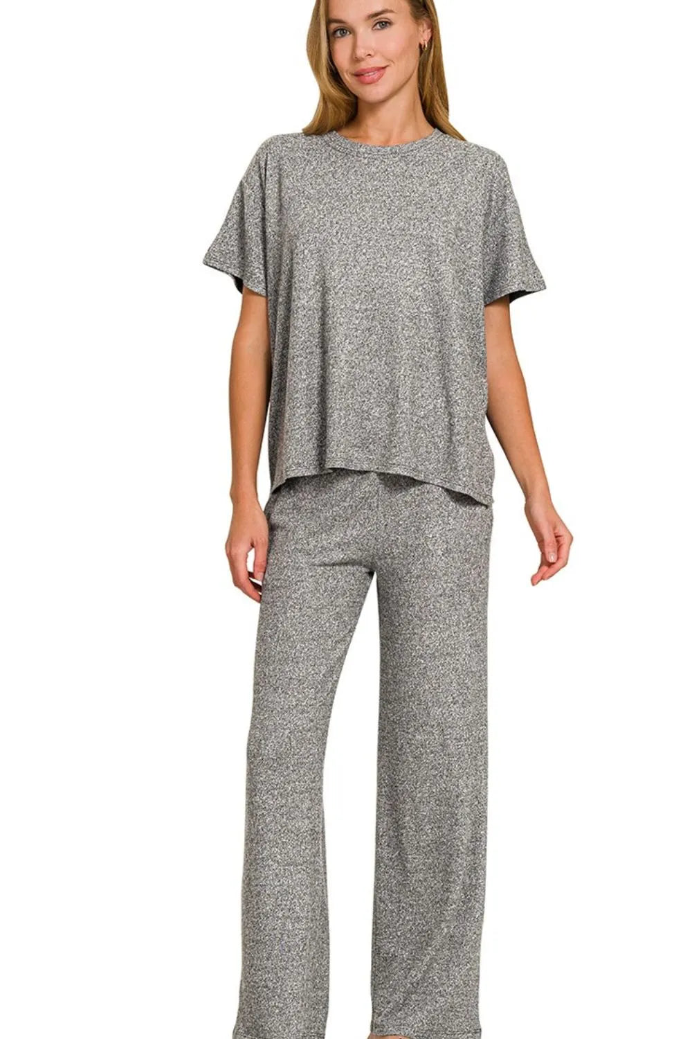 Heathered Gray Loungewear Set – Oversized Top & Wide-Leg Pants