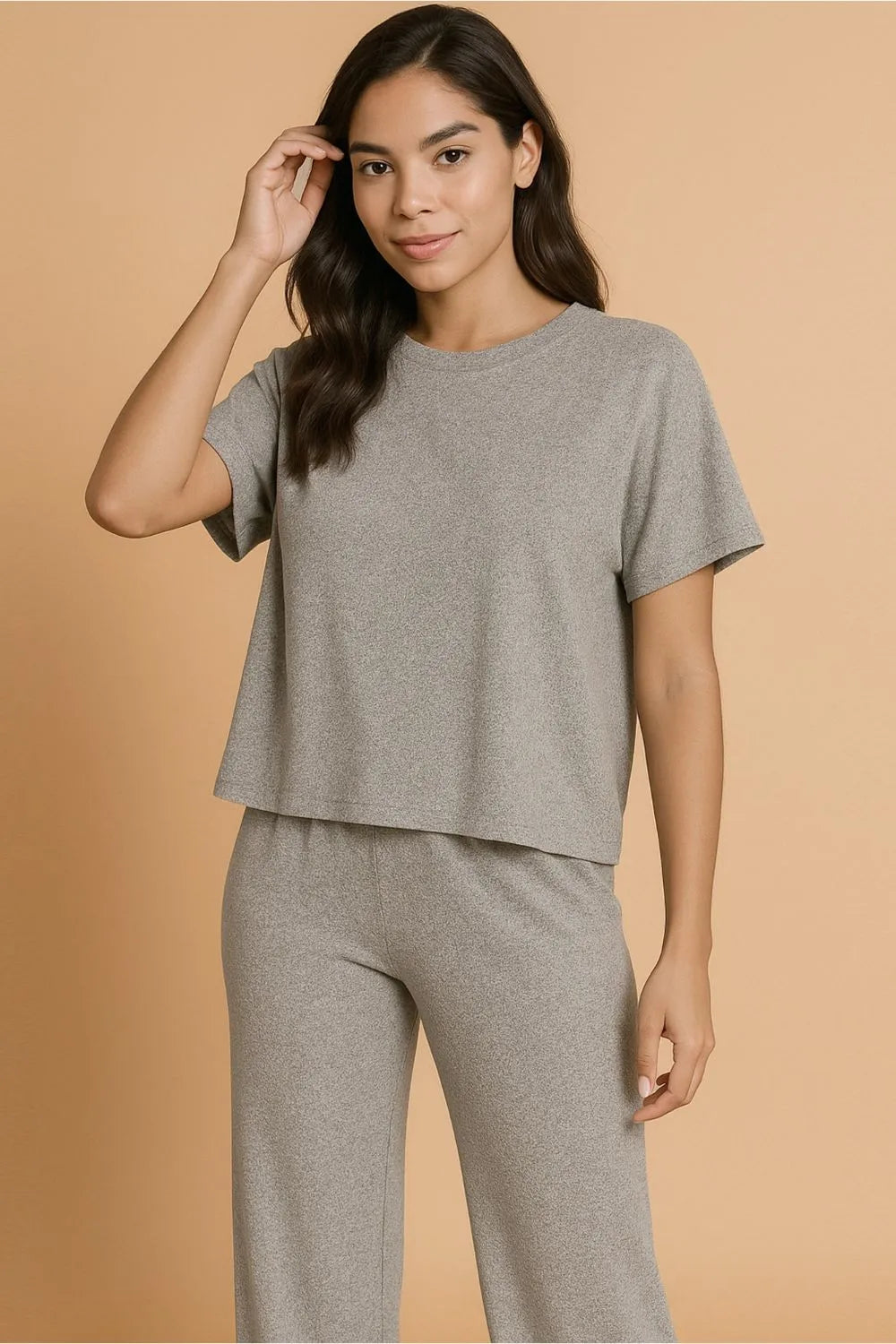 Heathered Gray Loungewear Set – Oversized Top & Wide-Leg Pants