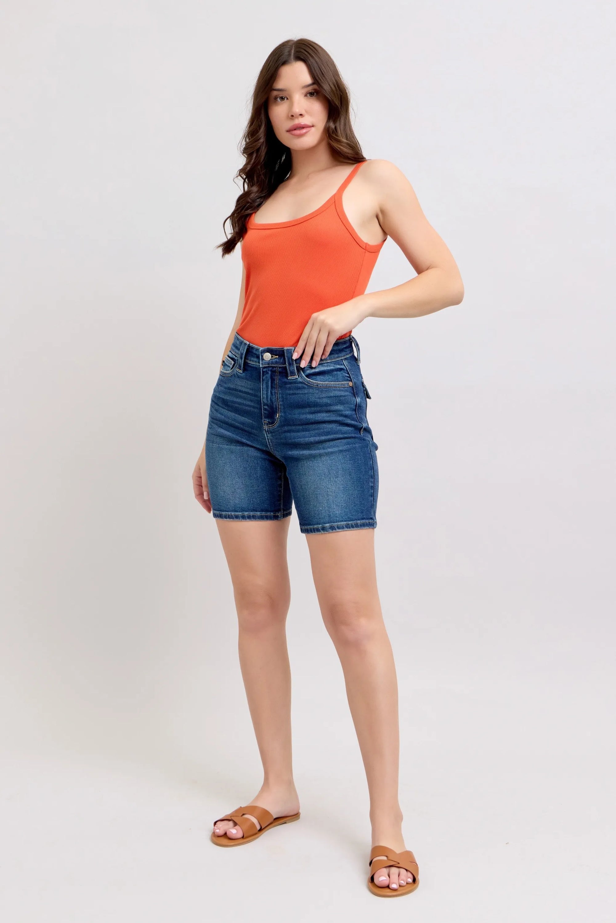 Judy Bllue Women's High Waist Bermuda Shorts W/ Back Flap Pockets Plus Size