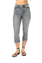 Button Fly High Waist Cuffed Capris