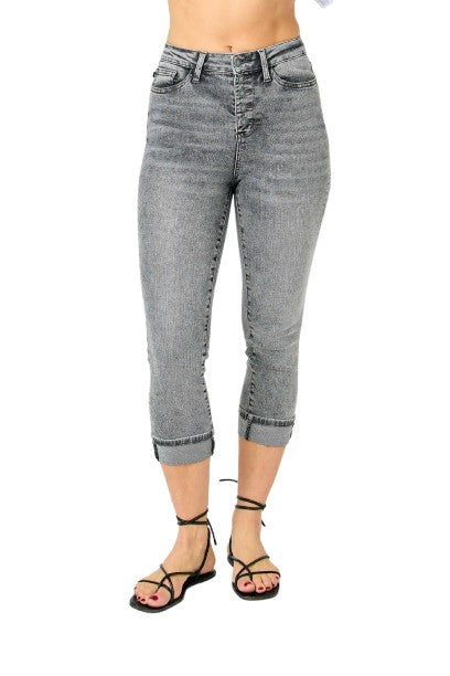 Button Fly High Waist Cuffed Capris