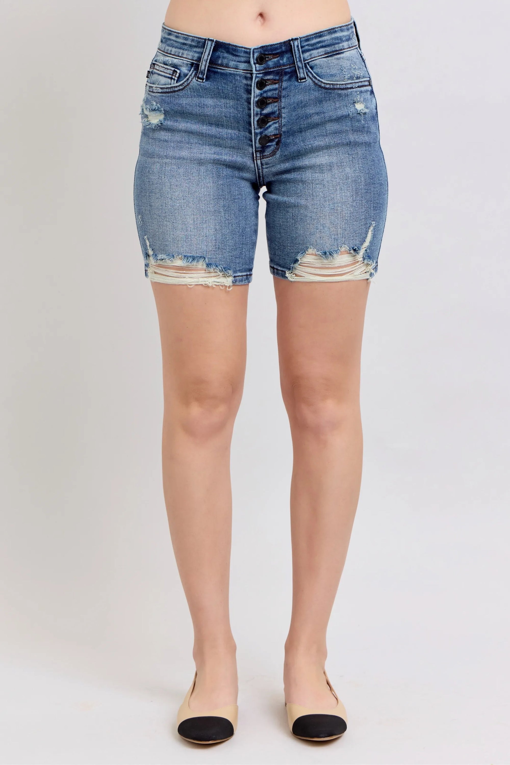 Judy Blue Button Fly Mid Length Denim Shorts