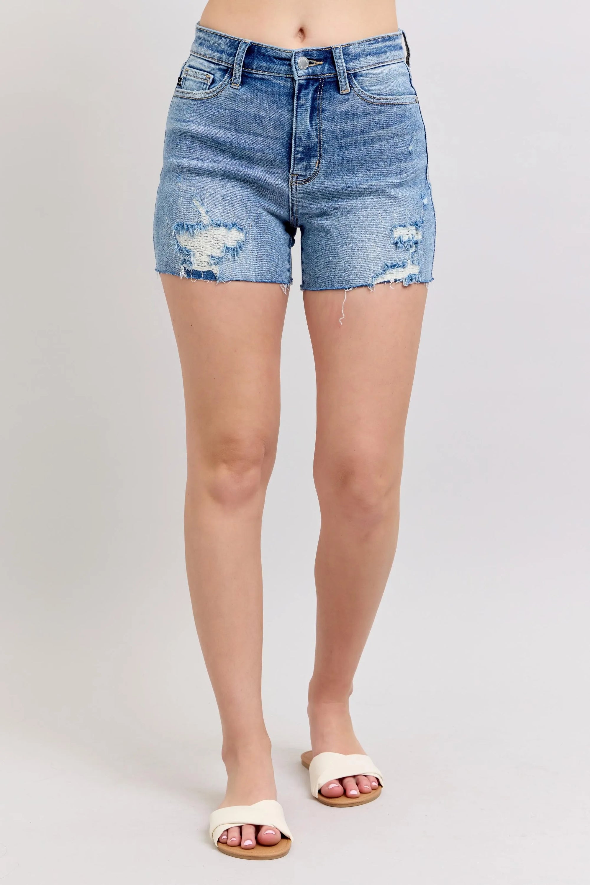 Judy Blue High Waist Denim Shorts with Stitch Over Destroy Detail