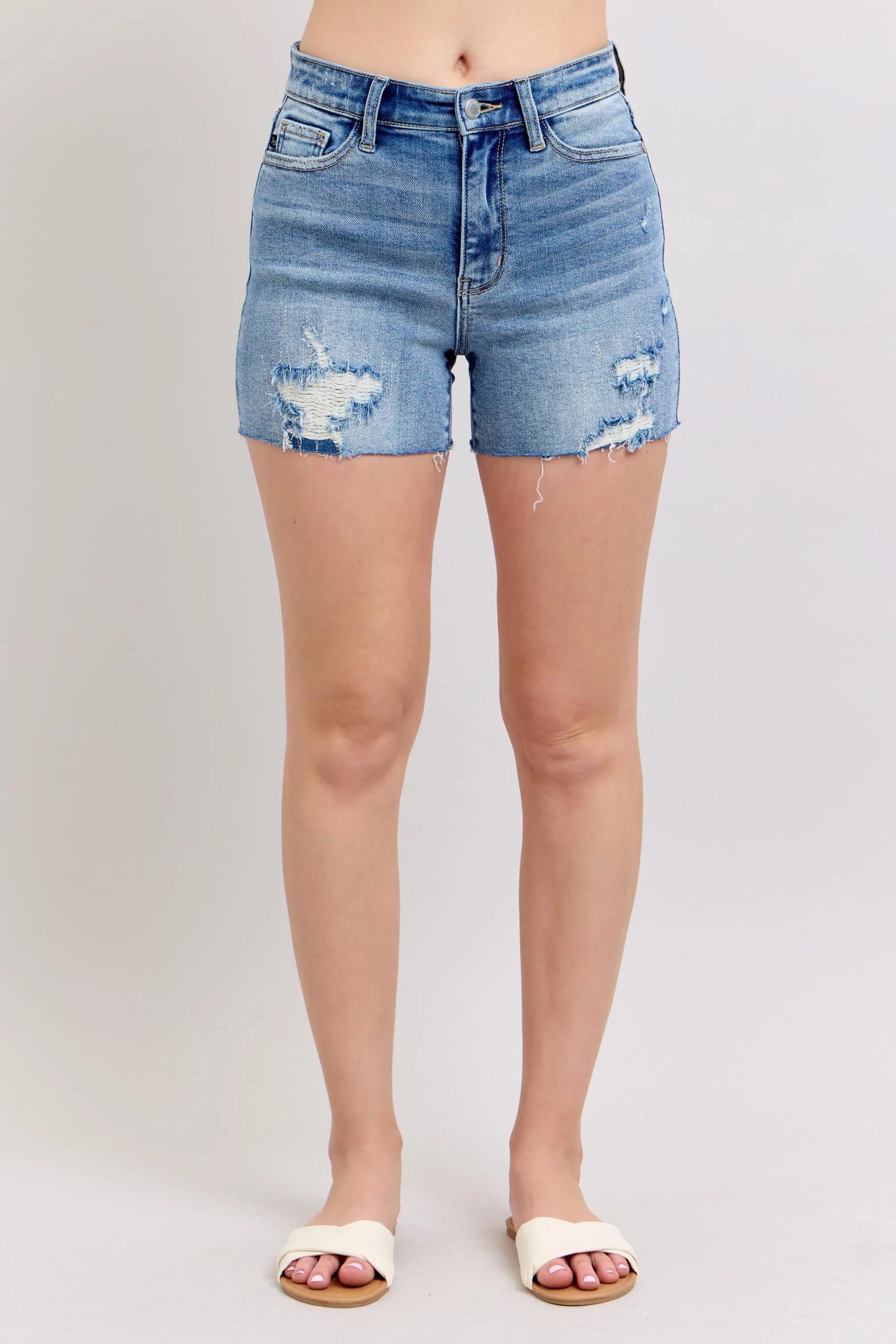 Judy Blue High Waist Denim Shorts with Stitch Over Destroy Detail