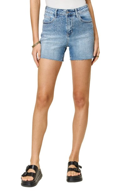 High Waist Rhinestone Denim Shorts