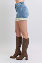 Judy Blue High Waist Tummy Control Shearling Cuff Denim Shorts