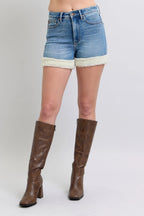 Judy Blue High Waist Tummy Control Shearling Cuff Denim Shorts