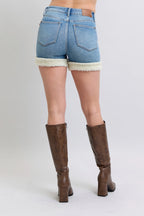 Judy Blue High Waist Tummy Control Shearling Cuff Denim Shorts