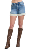Judy Blue High Waist Tummy Control Shearling Cuff Denim Shorts