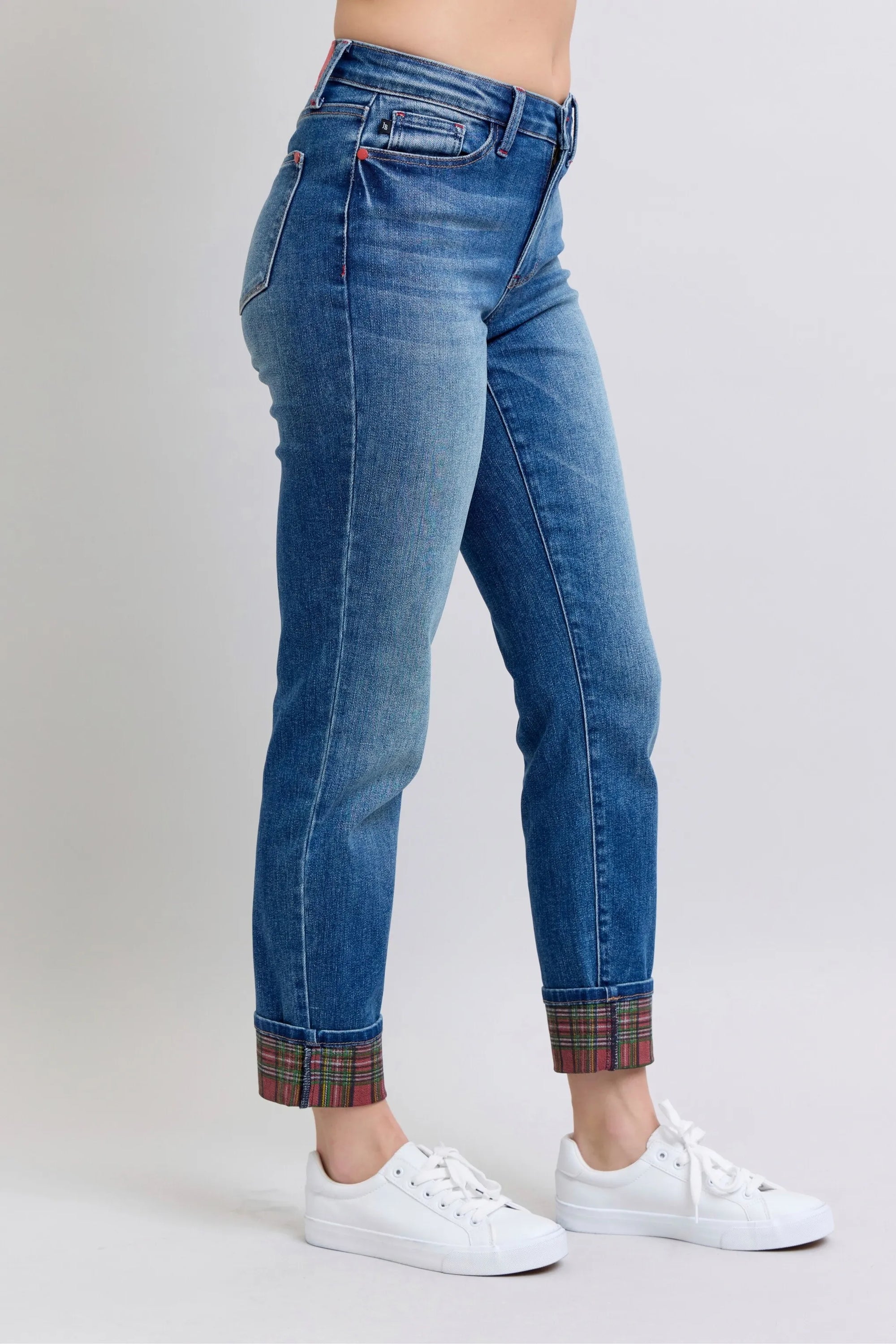 Judy Blue Mid Rise Plaid Print Cuff Boyfriend Jeans