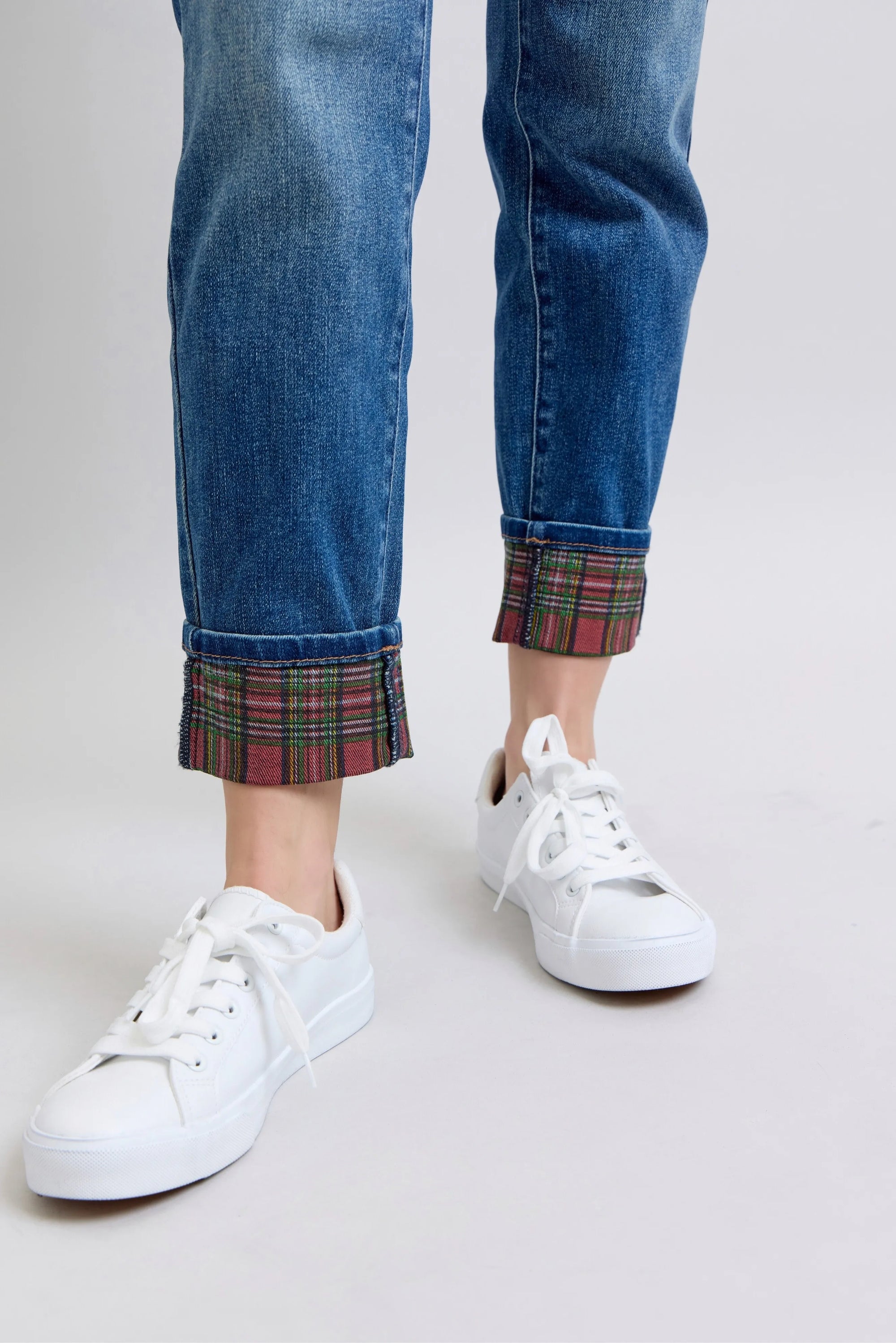 Judy Blue Mid Rise Plaid Print Cuff Boyfriend Jeans