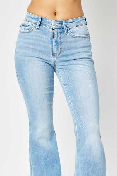 Judy Blue Mid Rise Raw Hem Slit Flare Jeans – Retro & Stylish Fit