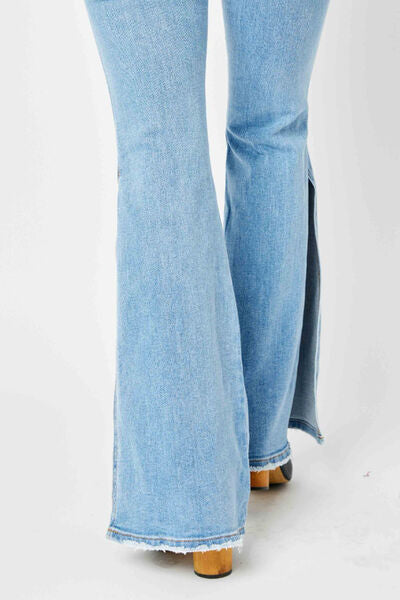 Judy Blue Mid Rise Raw Hem Slit Flare Jeans – Retro & Stylish Fit