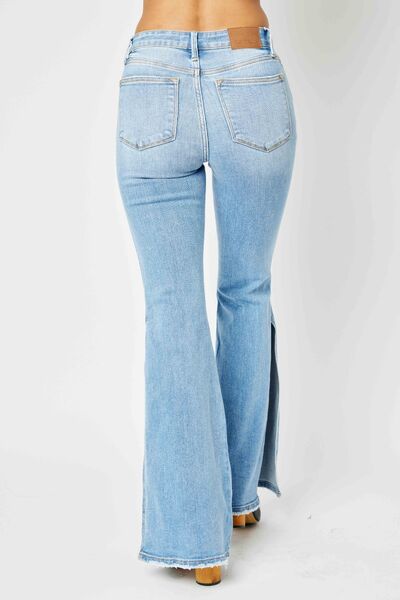 Judy Blue Mid Rise Raw Hem Slit Flare Jeans – Retro & Stylish Fit